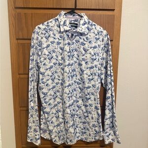 Elegant White and Blue Floral Dress Shirt